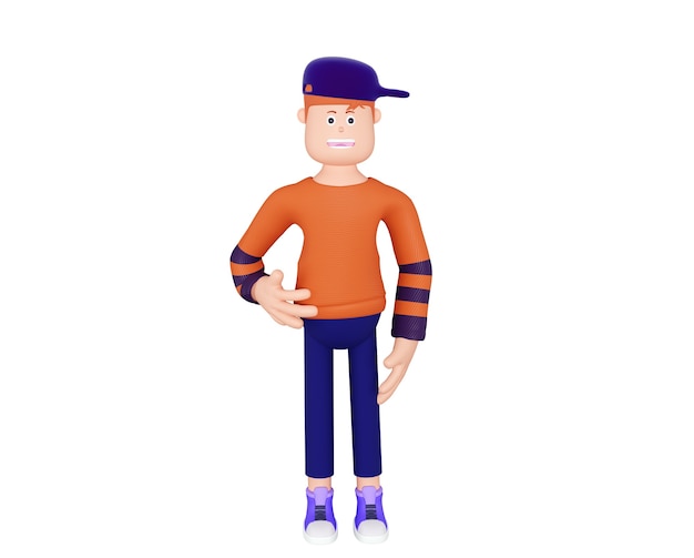 El personaje de dibujos animados es un adolescente vestido con un suéter naranja y una gorra.