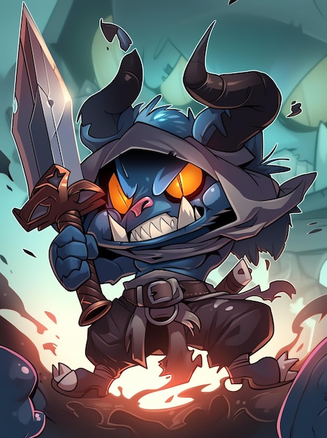 Un personaje de dibujos animados con una espada y un escudo.