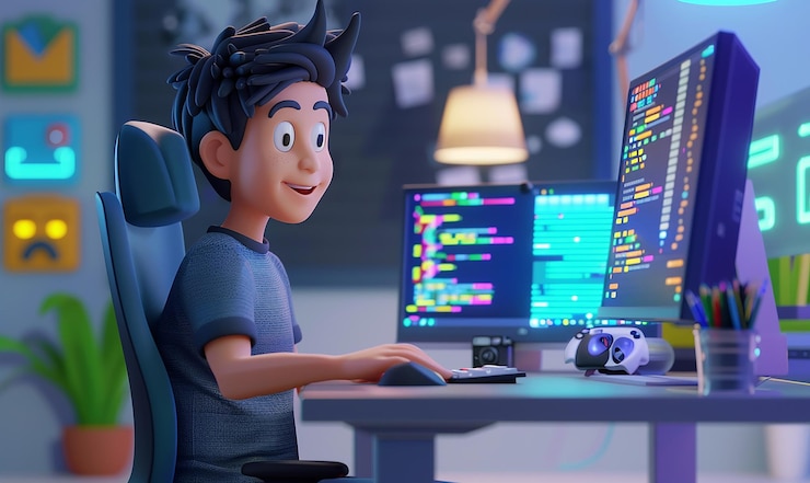 Foto un personaje de dibujos animados está en una computadora portátil con las palabras "código de cita" en la pantalla