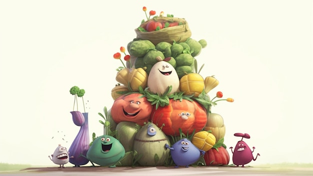 Un personaje de dibujos animados está rodeado por un montón de verduras.