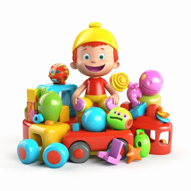 Un personaje de dibujos animados está sentado en un carro de juguete y está rodeado de juguetes y la palabra caramelo.