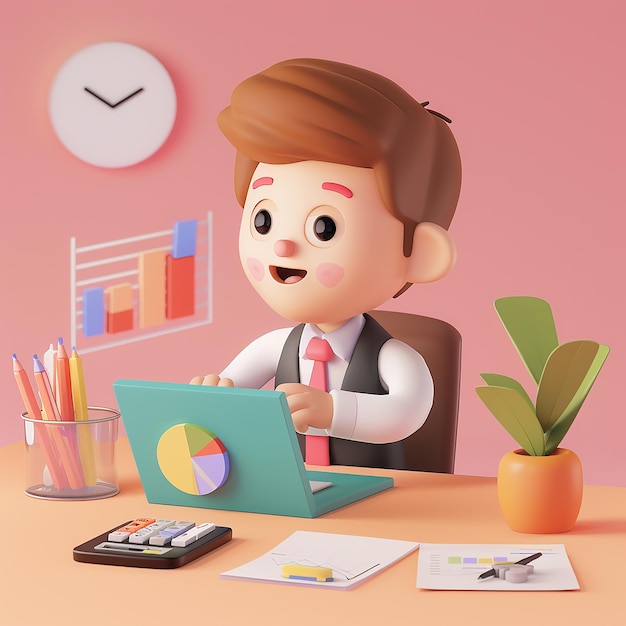 un personaje de dibujos animados está sentado en un escritorio con una computadora portátil y una planta en ella