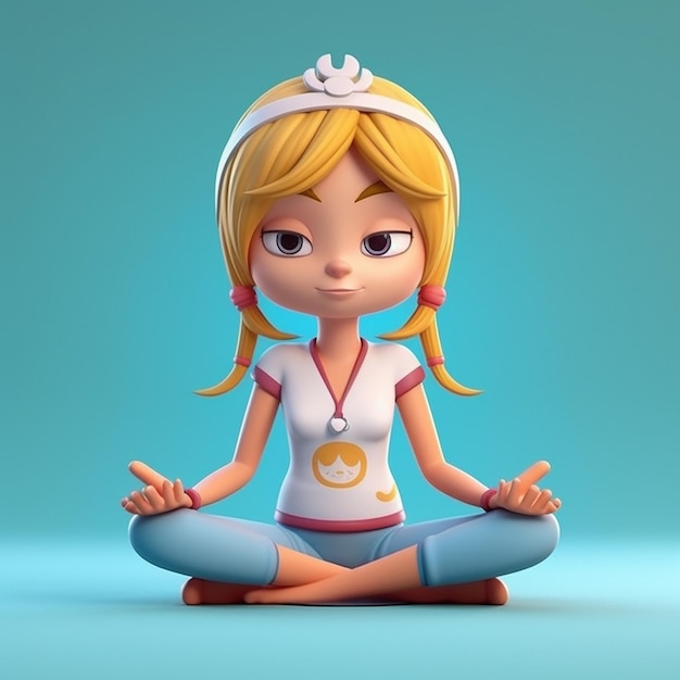 Un personaje de dibujos animados está sentado en una pose de yoga y tiene una cara sonriente en su camisa.