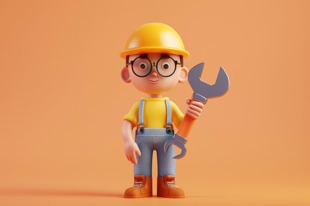 Foto un personaje de dibujos animados de estilo d de un trabajador de la construcción sosteniendo una llave grande