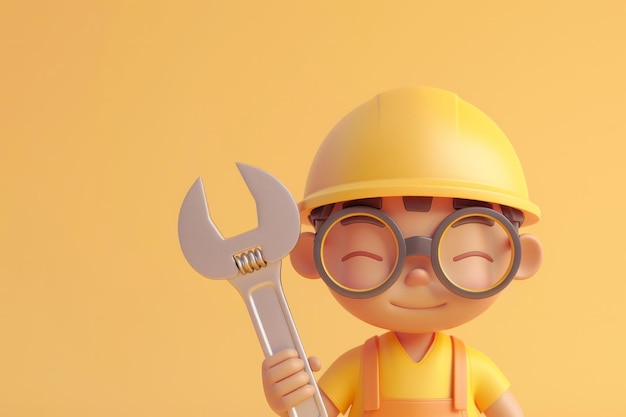 Un personaje de dibujos animados de estilo D de un trabajador de la construcción sosteniendo una llave grande