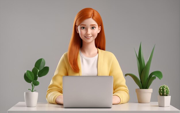 Foto personaje de dibujos animados de una estudiante pelirroja sonriente sentada en el escritorio y trabajando en la computadora portátil