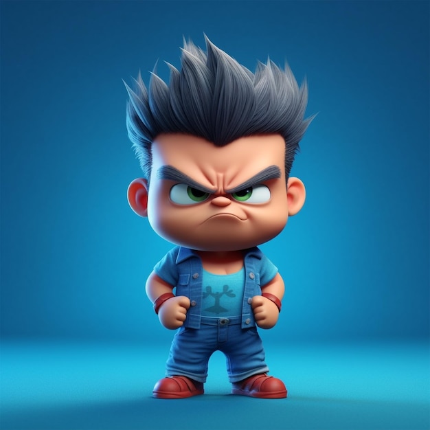 Un personaje de dibujos animados con un fondo azul y una expresión enojada de aspecto gruñón.