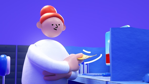 Un personaje de dibujos animados con un fondo azul que dice "dinero en efectivo"