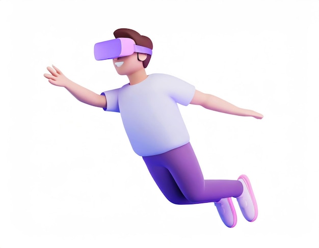 Personaje de dibujos animados con gafas VR, casco, cuerpo flotando en el ciberespacio, concepto de inmersión y metaverso generado por la IA.