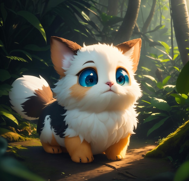 personaje de dibujos animados de gato con fondo de bosque