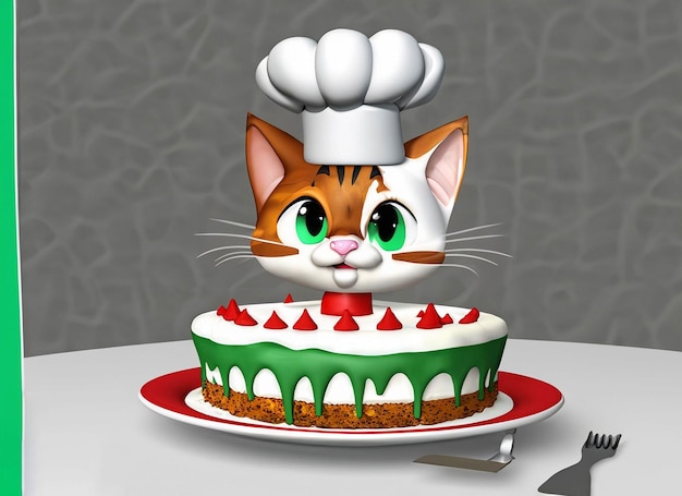Personaje de dibujos animados de gato con pastel y sombrero de chef con bandera de México