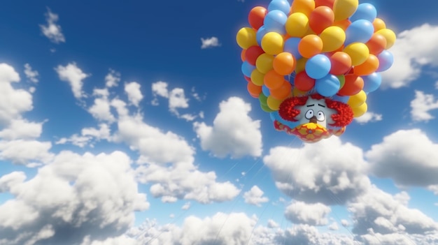 Un personaje de dibujos animados en un globo con un pollo encima.