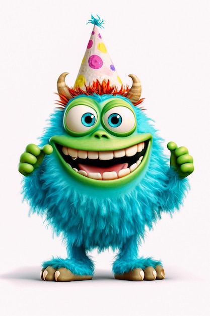 Un personaje de dibujos animados con un gorro de fiesta y un gorro de fiesta que dice monstruos inc.