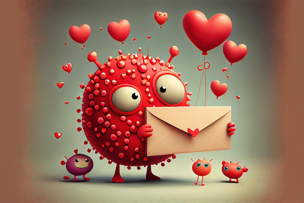personaje de dibujos animados con gran corazón como tarjeta de felicitación hecha con AI generativa Día de San Valentín o cumpleaños
