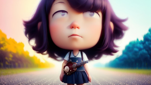 Un personaje de dibujos animados con una guitarra en la cabeza.