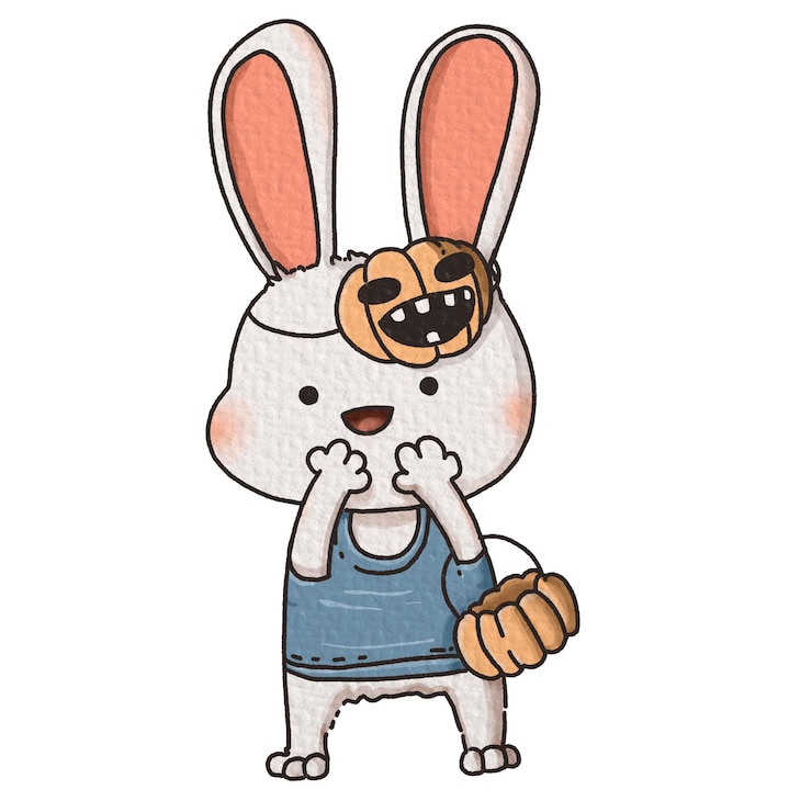 Foto el personaje de dibujos animados de halloween rabbit con un cubo de calabazas