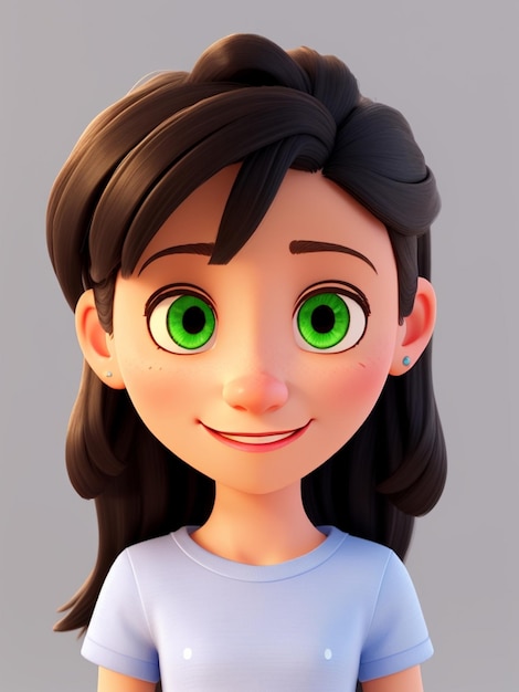 Personaje de dibujos animados hermosa niña sonriente con pelo largo ojos azules fondo simple