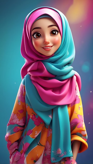 Personaje de dibujos animados hijab con una expresión alegre colores vibrantes postura dinámica ojos expresivos