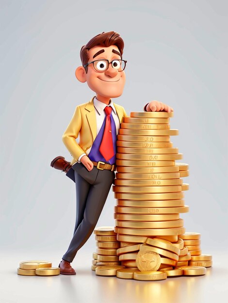 Personaje de dibujos animados hombre apoyado en una enorme pila de monedas de oro hombre de negocios