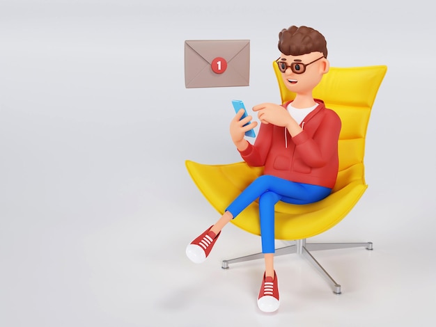 Foto personaje de dibujos animados hombre sentado en una silla con un teléfono en las manos y mirando a través de correo electrónico social media concept3d ilustración