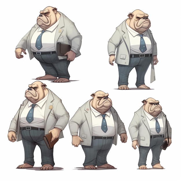 Personaje de dibujos animados de un hombre en traje y corbata con diferentes poses generativa ai