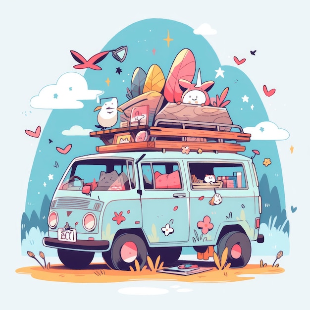 Foto personaje de dibujos animados ilustración vectorial furgoneta de campamento con animal lindo enfoque fresco diseño de camiseta diseño de tee