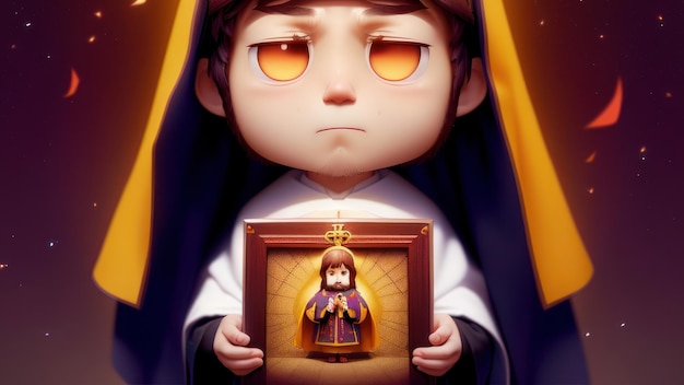 Foto un personaje de dibujos animados con una imagen de jesús sosteniendo una cruz.