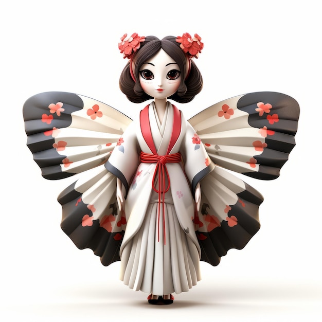Personaje de dibujos animados japonés minimalista en 3D con alas en vestido tradicional
