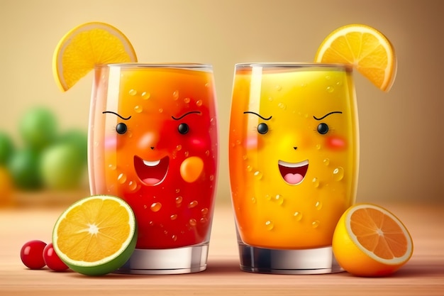 Un personaje de dibujos animados con jugos de naranja y limones.