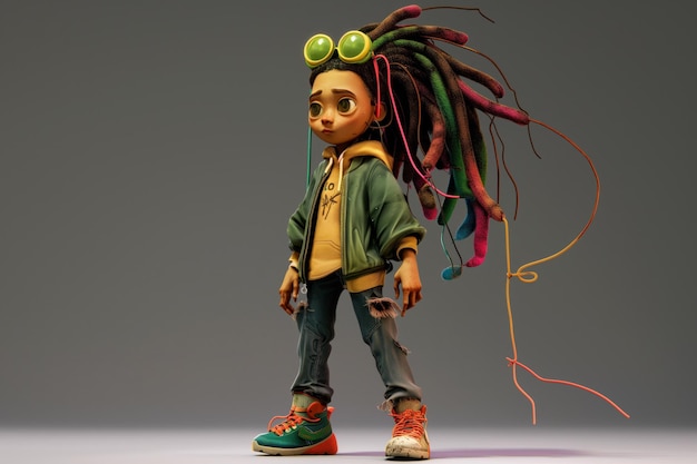 Personaje de dibujos animados con largas dreadlocks vestido a la moda