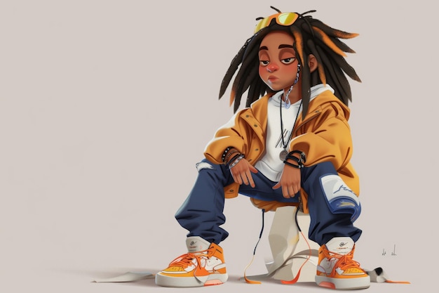 Personaje de dibujos animados con largas dreadlocks vestido a la moda