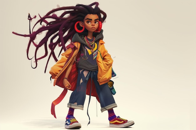 Personaje de dibujos animados con largas dreadlocks vestido a la moda