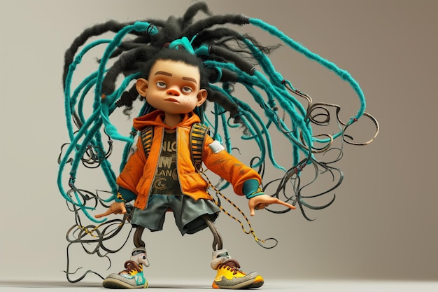 Personaje de dibujos animados con largas dreadlocks vestido a la moda