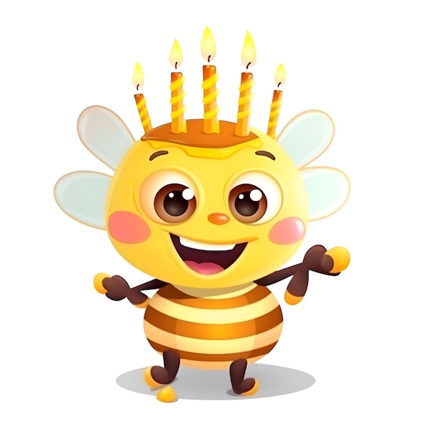 Foto personaje de dibujos animados lindo abeja sosteniendo una vela de cumpleaños ilustración vectorial