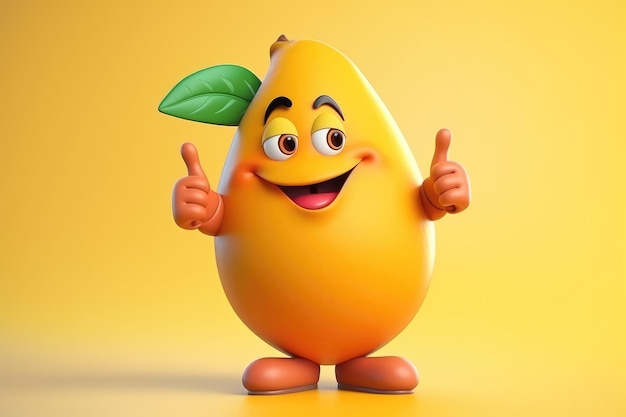 Personaje de dibujos animados de mango feliz mostrando los pulgares para arriba