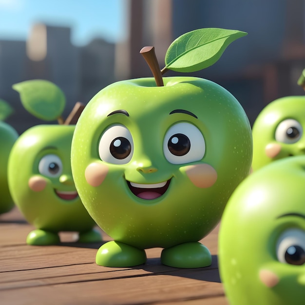 Personaje de dibujos animados de manzana verde en 3D