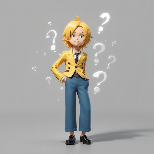 Personaje de dibujos animados masculino en 3D con pensamiento confundido y usando el estilo sanji en una sola pieza