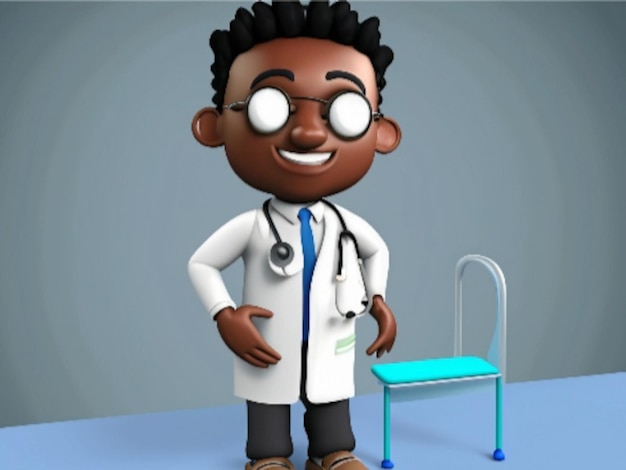 Personaje de dibujos animados de médico 3D en el hospital con chequeo de salud del paciente