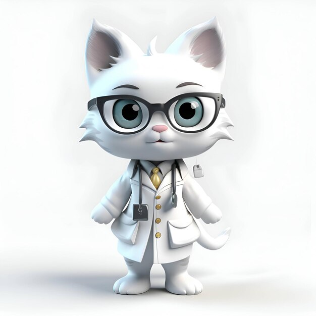 Personaje de dibujos animados de un médico gato con gafas y estetoscopio