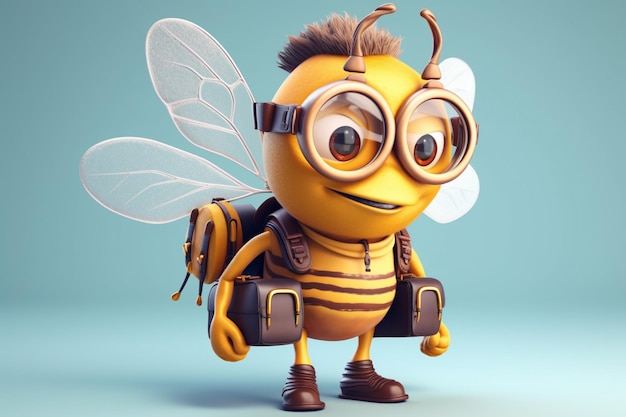 Un personaje de dibujos animados con una mochila y gafas que dice "abeja".