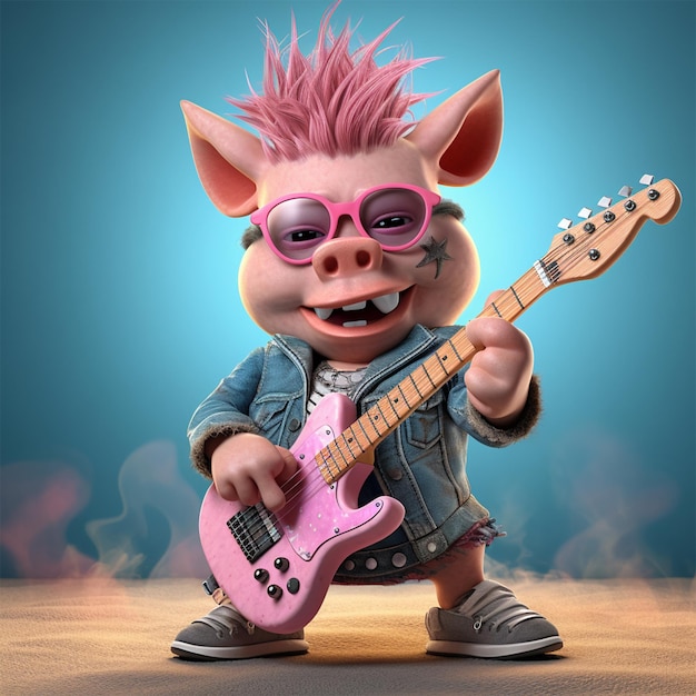 Un personaje de dibujos animados con un mohawk rosa que sostiene una guitarra rosa.