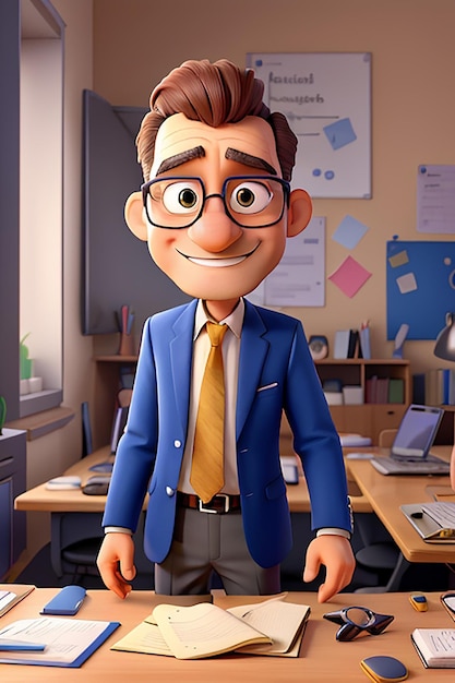 Foto personaje de dibujos animados monsieur avec des lunettes dans un bureau