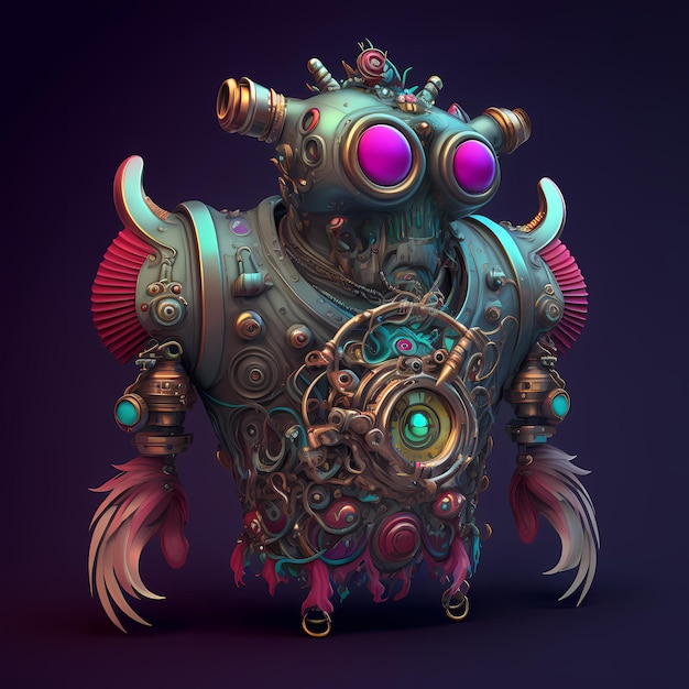 Personaje de dibujos animados monstruo steampunk 3D con cuerpo robótico