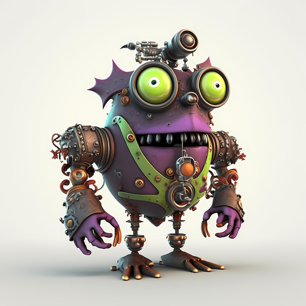 Personaje de dibujos animados monstruo steampunk 3D con cuerpo robótico
