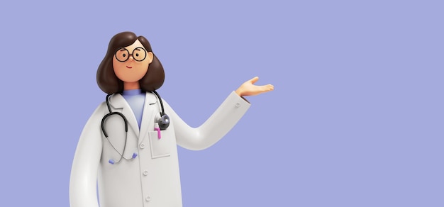 Personaje de dibujos animados mujer caucásica médico usa gafas y uniforme