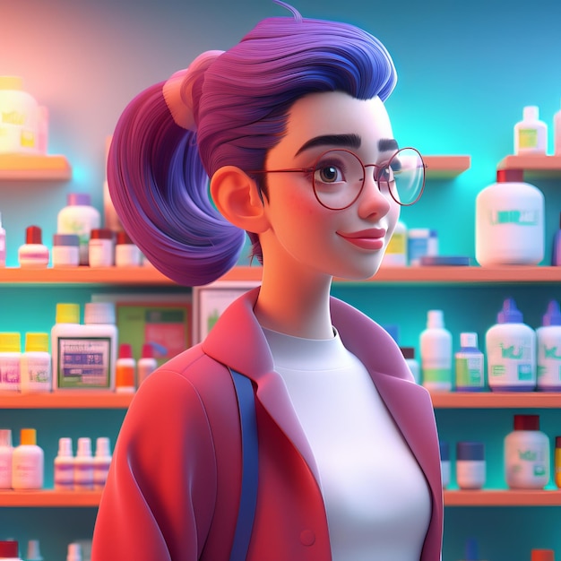 Foto personaje de dibujos animados de mujer farmacéutica