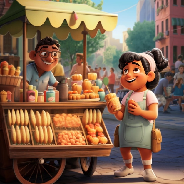 Foto personaje de dibujos animados de una mujer vendiendo frutas de un carro en una calle generativo ai