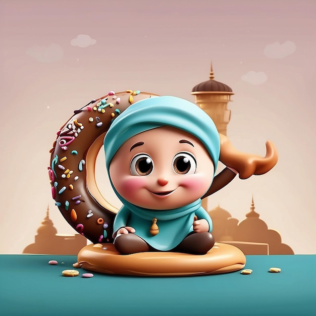 Personaje de dibujos animados musulmán en 3D y donut