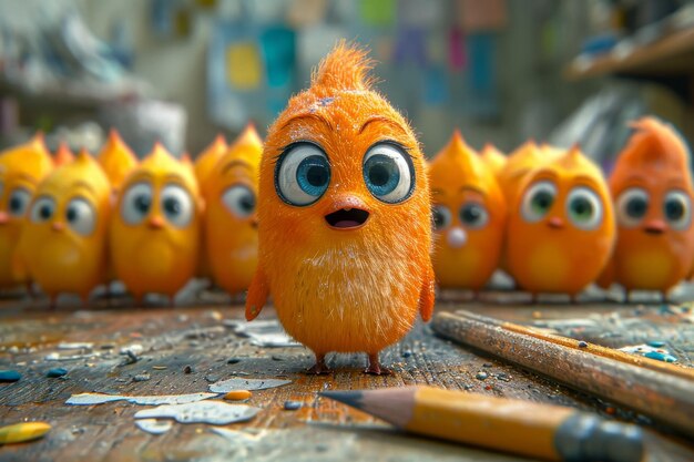 Un personaje de dibujos animados naranja con lápices ilustración 3D