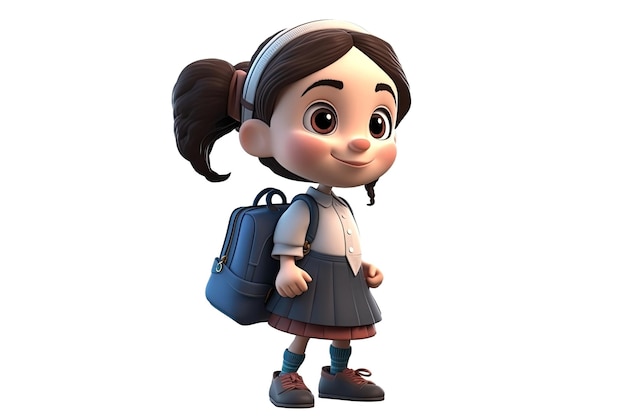 Personaje de dibujos animados niña colegiala feliz con mochila sobre fondo blanco aislado IA generativa